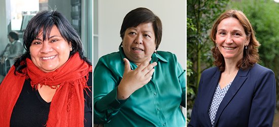 D'esquerra a dreta: Yolirruth Núñez (Oficial d'Acompliment Social i Desenvolupament de Capacitats, Amèrica Llatina), Ging Ledesma (Directora d'Innovació en Acompliment Social) i Kawien Ziedses des Plantes (Especialista en Acompliment Social Global). Yoli + Ging + Kawien.jpg